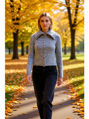 Benerly Kadın Sakal Iplik Fitilli Dokuma Fermuarlı Triko Hırka Uzun Kollu Devrik Yaka