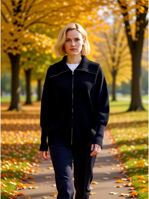 Benerly Kadın Rahat Fermuarlı Devrik Yaka Uzun Düşük Kollu Selanik Örgü Kalın Triko Hırka Şık