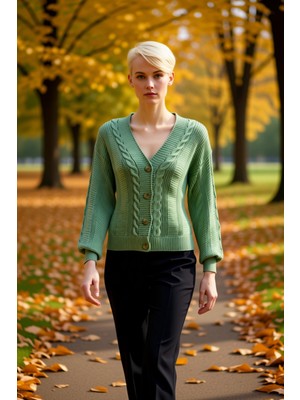 Benerly Kadın Geniş Kalıp Saç Örgü Detaylı Balon Kol V Yaka Akrilik Triko Hırka Düğmeli Tasarım Şık