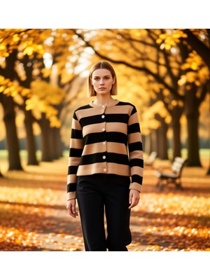 Benerly Kadın Çizgili Bisiklet Yaka Düğmeli Triko Hırka Konforlu Regular Kesim Günlük Stilinize Özel Bir