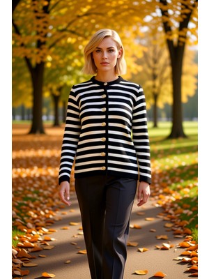 Benerly Kadın Çizgili Triko Hırka Ceket Görünümlü Rahat Kesim Uzun Kollu Şık Düğmeli Tasarım Günlük