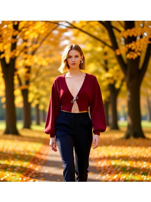 Benerly Kadın Crop Triko Hırka Düşük Kol V Yaka Fiyonklu Detaylı Şık Rahat Günlük Giyim Stili Oluşturun