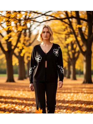 Benerly Kadın V Yaka Çiçek Nakışlı Triko Hırka Rahat Kesim Uzun Kollu Şık ve Konforlu Günlük Giyim