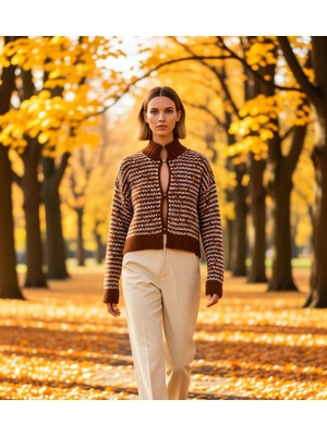 Benerly Kadın Sıcak Tutan Oversize Crop Dik Yaka Geometrik Örgü Desenli Uzun Kollu Triko Hırka Kış
