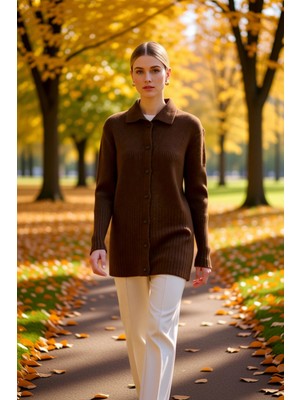 Benerly Kadın Regular Kalıp Düğmeli Gömlek Yaka Uzun Kollu Fitilli Triko Hırka Günlük Şıklık ve Konfor