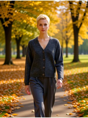 Benerly Kadın Konforlu Fitilli Dokulu Geniş Kalıp V Yaka Triko Hırka Günlük Şıklık ve Sağlar Rahat