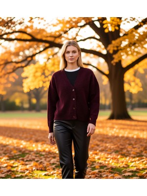 Benerly Kadın Oversize V Yaka Düşük Kol Düz Desen Triko Hırka Alpaka Karışımlı Uzun Kollu Konforlu Kesim