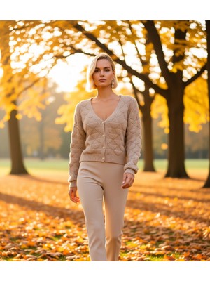 Benerly Kadın Ajurlu V Yaka Triko Hırka Fonksiyonel Dayanıklı Kaliteli Konforlu Estetik Premium Şık