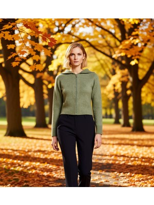 Benerly Kadın Fermuarlı Crop Kapüşonlu Triko Hırka Dokulu Örgü Detaylı Günlük Kombinler Için Şık ve Konforlu