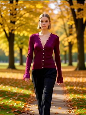 Benerly Kadın Dantel Işlemeli V Yaka Fitted Triko Hırka Uzun Kollu Zarif ve Modern Bir Dokunuş Şık