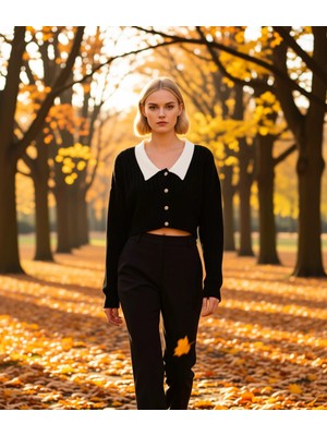 Benerly Kadın Bebe Yaka Detaylı Fitilli Triko Crop Hırka Düşük Omuzlu Uzun Kollu Rahat ve Şık Tasarım