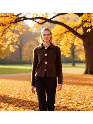 Benerly Kadın Yumuşak Dokulu Gül Düğme Detaylı Buklet Iplikli Uzun Kollu Regular Kalıp Triko Hırka