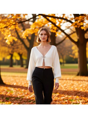 Benerly Kadın Crop Triko Hırka Düşük Kol V Yaka Fiyonklu Detaylı Şık Rahat Günlük Giyim Stili Oluşturun