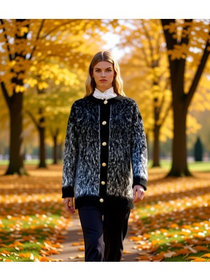 Benerly Kadın Tüylü Dokulu Uzun Kollu Bisiklet Yaka Önden Düğmeli Regular Fit Triko Hırka Kaliteli