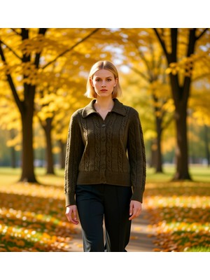 Benerly Kadın Saç Örgülü Yumuşak Dokulu Polo Yaka Düşük Kol Rahat Kesim Triko Hırka Günlük Şıklık ve Konfor