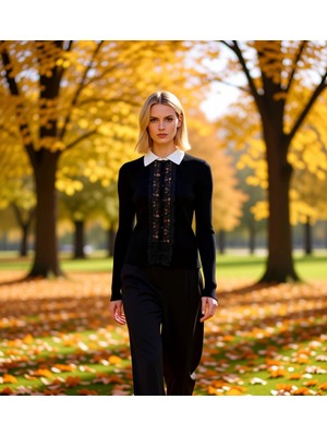 Benerly Kadın Dantel Garnili Fitilli Triko Hırka Polo Yaka Uzun Kollu Vücudu Saran Şık Tasarım Gündüzden