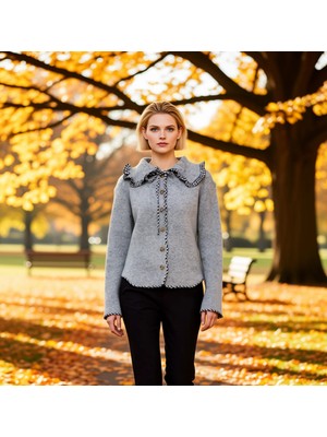 Benerly Kadın Konforlu Geniş Kalıp Mont Görünümlü Triko Hırka Garni Detaylı Yumuşak Dokusuyla Spor