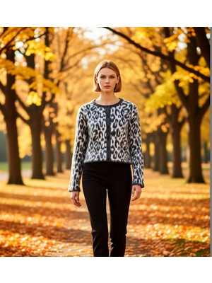 Benerly Kadın Leopar Desenli Triko Hırka Günlük Şıklık ve Sunan Uzun Kollu Bisiklet Yaka Tasarım Şık