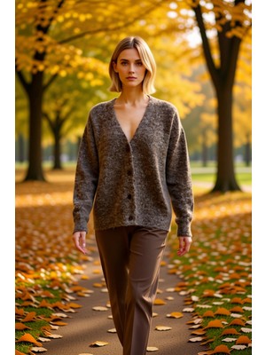 Benerly Kadın Oversize V Yaka Düşük Kol Düz Desen Triko Hırka Alpaka Karışımlı Uzun Kollu Konforlu Kesim