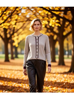 Benerly Kadın Modern ve Şık Düğmeli Bisiklet Yaka Triko Hırka Yün Viskon Naylon Karışımı Biye Detaylı Uzun