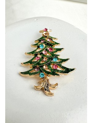 Modex Yılbaşı Özel Renkli Taşlı Çam Ağacı Broş (6cm)