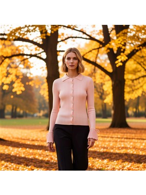 Benerly Kadın Zamansız Şıklık Fitilli Polo Yaka Uzun Kollu Manşet Bağlama Detaylı Düğmeli Triko Hırka