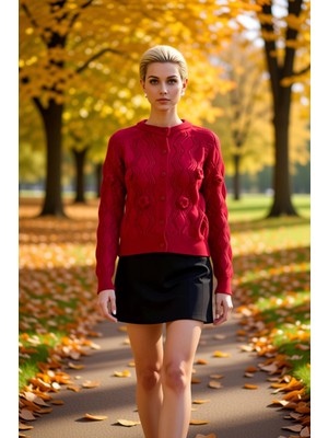 Benerly Zarif Ajurlu Dokusu ve Üç Boyutlu Gül Detayları Ile Şık Kadın Regular Kalıp Triko Hırka Spor