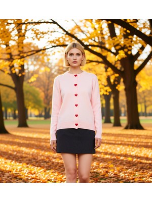 Benerly Kadın Yumuşak Dokulu Kalp Düğmeli Uzun Kollu Bisiklet Yaka Regular Kesim Triko Hırka Günlük