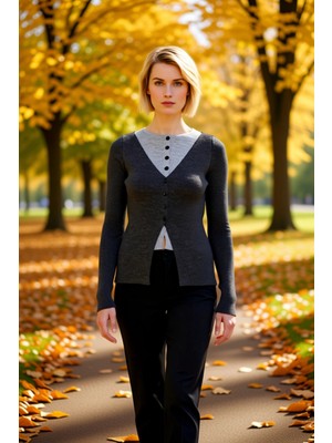 Benerly Kadın Vücuda Oturan V Yaka Uzun Kollu Ribanalı Triko Hırka Düğmeli Detaylı Şık Günlük Stiller