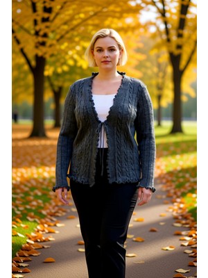 Benerly Kadın V Yaka Bağlamalı Saç Örgü Desenli Uzun Kollu Fitted Kalıp Triko Hırka Günlük Şıklık ve