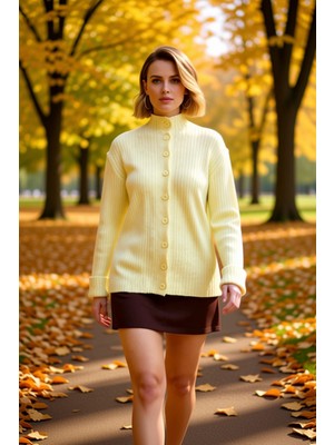 Benerly Kadın Polo Yaka Fitilli Triko Hırka Düşük Omuz Detaylı Rahat Kalıp Düğmeli Tasarım Günlük Şıklık