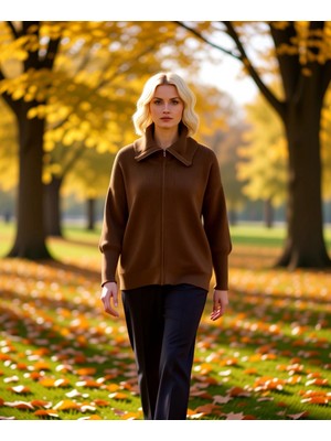 Benerly Kadın Rahat Fermuarlı Devrik Yaka Uzun Düşük Kollu Selanik Örgü Kalın Triko Hırka Şık