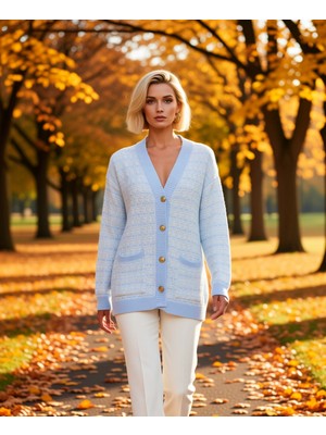 Benerly Kadın Geniş Kalıp V Yaka Düşük Kol Dokulu Simli Tüvit Görünümlü Uzun Triko Hırka Düğmeli Şık