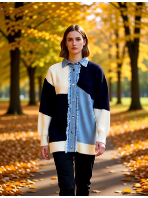 Benerly Kadın Renk Bloklu Denim Detaylı Triko Hırka Fonksiyonel Dayanıklı Kaliteli Konforlu Modern