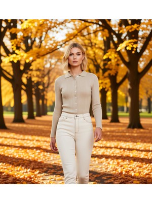 Benerly Kadın Merserize Dokulu Fitilli Polo Yaka Düğmeli Uzun Kollu Dar Kesim Şık Günlük Triko Bluz