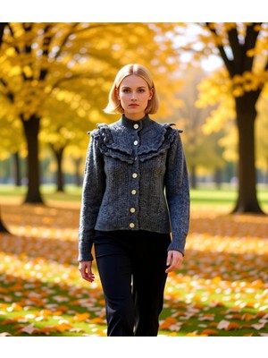 Benerly Kadın Fırfır Yaka Detaylı Ajurlu Örgü Triko Hırka Düğmeli Ön Kapanış Uzun Kollu Rahat Kalıp