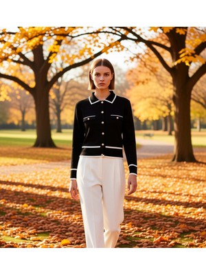 Benerly Kadın Çizgili Polo Yaka Triko Hırka Fonksiyonel Dayanıklı Kaliteli Konforlu Estetik Modern