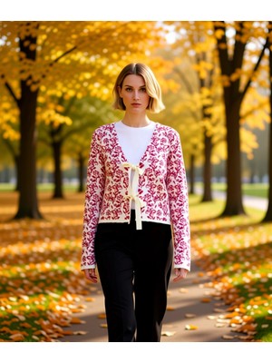 Benerly Kadın Desenli V Yaka Triko Hırka Kurdele Detaylı Fonksiyonel Dayanıklı Kaliteli Konforlu Şık