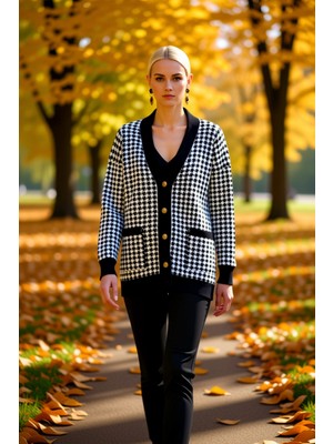 Benerly Kadın Şık ve Rahat Oversize Kesim Kazayağı Desenli V Yaka Düşük Kol Uzun Boy Triko Hırka Spor