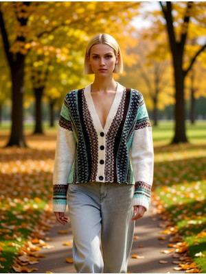 Benerly Kadın Geniş Kalıp V Yaka Desenli Triko Hırka Yumuşak Dokusuyla Gün Boyu Konfor Sağlar Spor