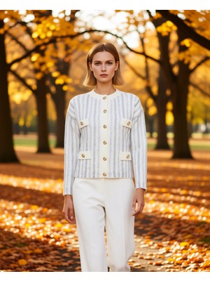 Benerly Kadın Çizgili Desenli Bisiklet Yaka Uzun Kollu Düğmeli Triko Hırka Ceket Görünümlü Şık Tasarım