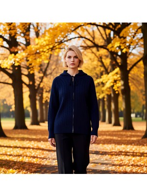 Benerly Kadın Rahat Kesim Saç Örgü Desenli Kapüşonlu Fermuarlı Triko Hırka Kışlık Kombinlerinize Şıklık