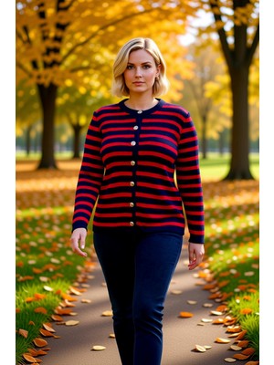 Benerly Kadın Çizgili Triko Hırka Ceket Görünümlü Rahat Kesim Uzun Kollu Şık Düğmeli Tasarım Günlük