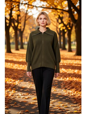 Benerly Kadın Rahat Fermuarlı Devrik Yaka Uzun Düşük Kollu Selanik Örgü Kalın Triko Hırka Şık