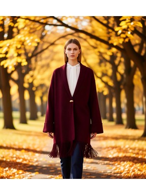 Benerly Kadın Rahat Kesim Şık Triko Hırka Gold Detaylı Püsküllü Tasarım Uzun Kollu Ceket Yaka Konforlu