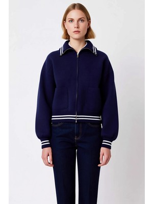 Benerly Kadın Antrasit Fermuarlı Triko Ceket Düşük Omuzlu Çizgili Detaylı Kısa Kesim Rahat Şıklık Şık