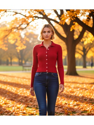 Benerly Kadın Merserize Dokulu Fitilli Polo Yaka Düğmeli Uzun Kollu Dar Kesim Şık Günlük Triko Bluz