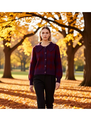 Benerly Kadın Regular Kesim Baklava Desenli Bebe Yaka Uzun Kollu Pike Dokuma Örme Triko Hırka Rahat Şıklık