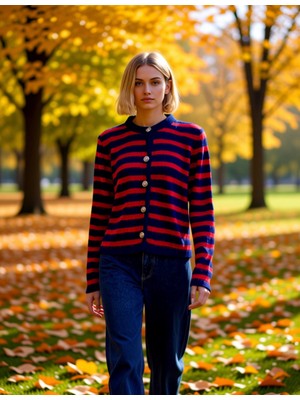 Benerly Kadın Yumuşak Dokulu Çizgili Bisiklet Yaka Uzun Kollu Düğmeli Regular Fit Triko Hırka Konforlu ve