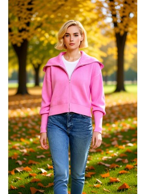 Benerly Kadın Geniş Kalıp Devrik Yaka Fermuarlı Triko Hırka Rahat ve Şık Görünüm Sunan Uzun Kollu Üst Giyim